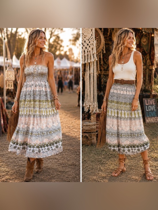 Lapis Dresses & Skirts - Lapis Anthro | Boho 2-in-1 Embroidered Shimmer Midi Dress Skirt